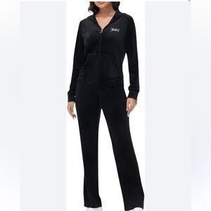 Juicy Couture Black Bling Velour Hoodie & Matching Flare Velour Pants Large EUC!